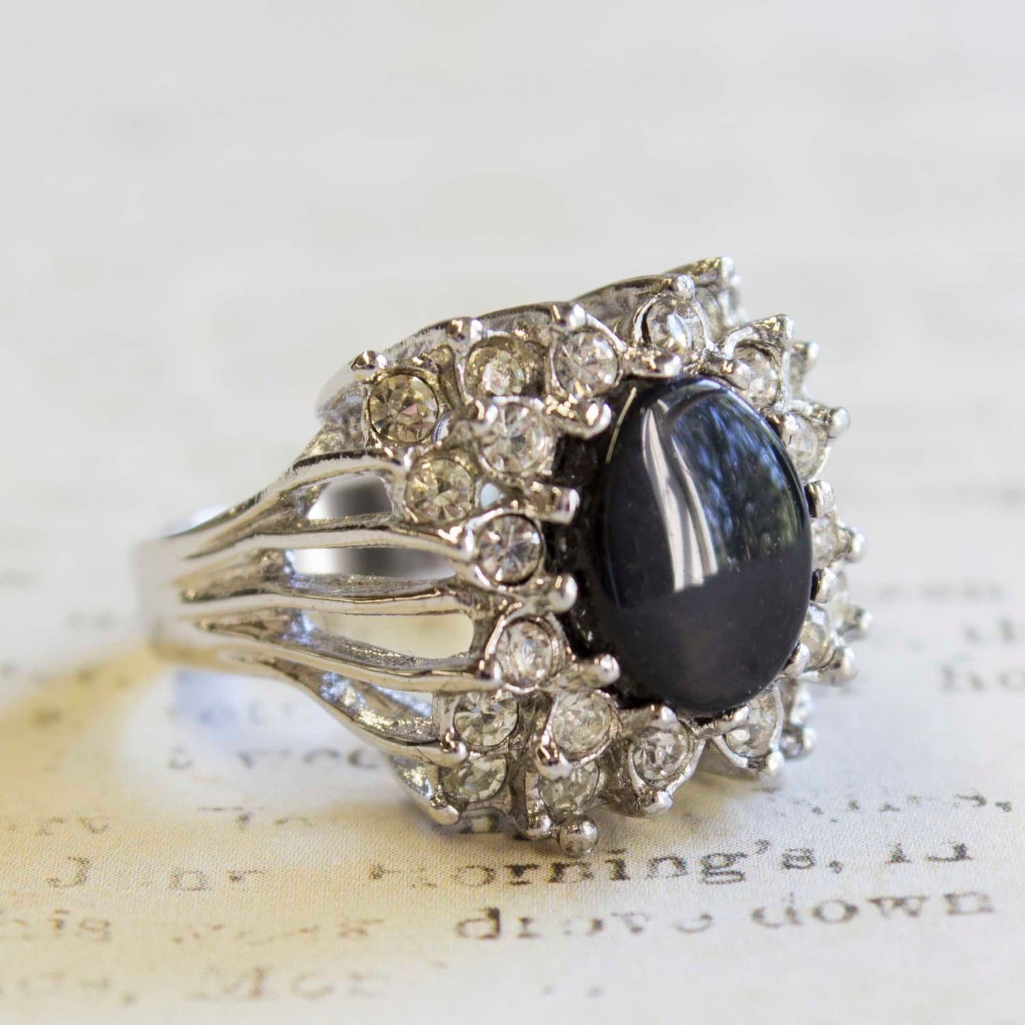 Vintage Ring Genuine Onyx Ring Clear Swarovski Crystals 18k White Gold Silver Plated #R199 - Limited Stock - Never Worn