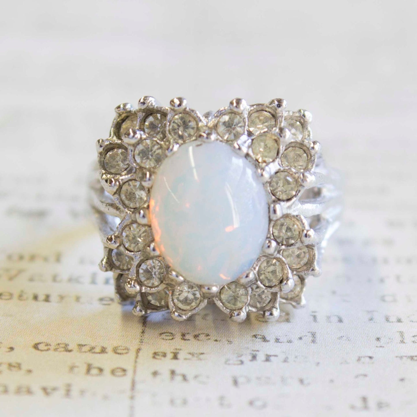 Vintage Ring Pinfire Opal and Clear Swarovski Crystal Ring 18k White Gold Silver  #R199 - Limited Stock - Never Worn