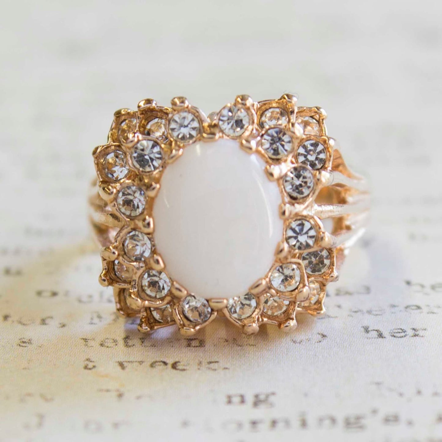 Vintage Ring Genuine Opal and Clear Swarovski Crystals 18k Gold Victorian Style Cocktail Ring #R199 - Limited Stock - Never Worn
