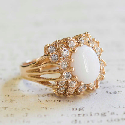 Vintage Ring Genuine Opal and Clear Swarovski Crystals 18k Gold Victorian Style Cocktail Ring #R199 - Limited Stock - Never Worn