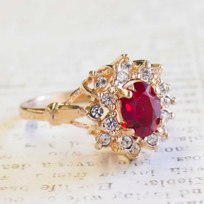 Vintage Ring Ruby and Clear Swarovski Crystals 18k Yellow Gold Electroplated Victorian Style Made in USA #R174