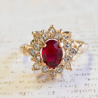 Vintage Ring Ruby and Clear Swarovski Crystals 18k Yellow Gold Electroplated Victorian Style Made in USA #R174
