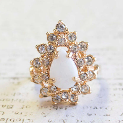 Vintage Ring Victorian Style Genuine Opal Clear Swarovski Crystals 18k Gold Womens Ornate Antique Jewelry #R767