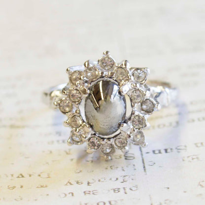 Vintage Ring Glass Hematite and Swarovski Crystals 18k White Gold Silver Cocktail Ring #R174 - Limited Stock - Never Worn
