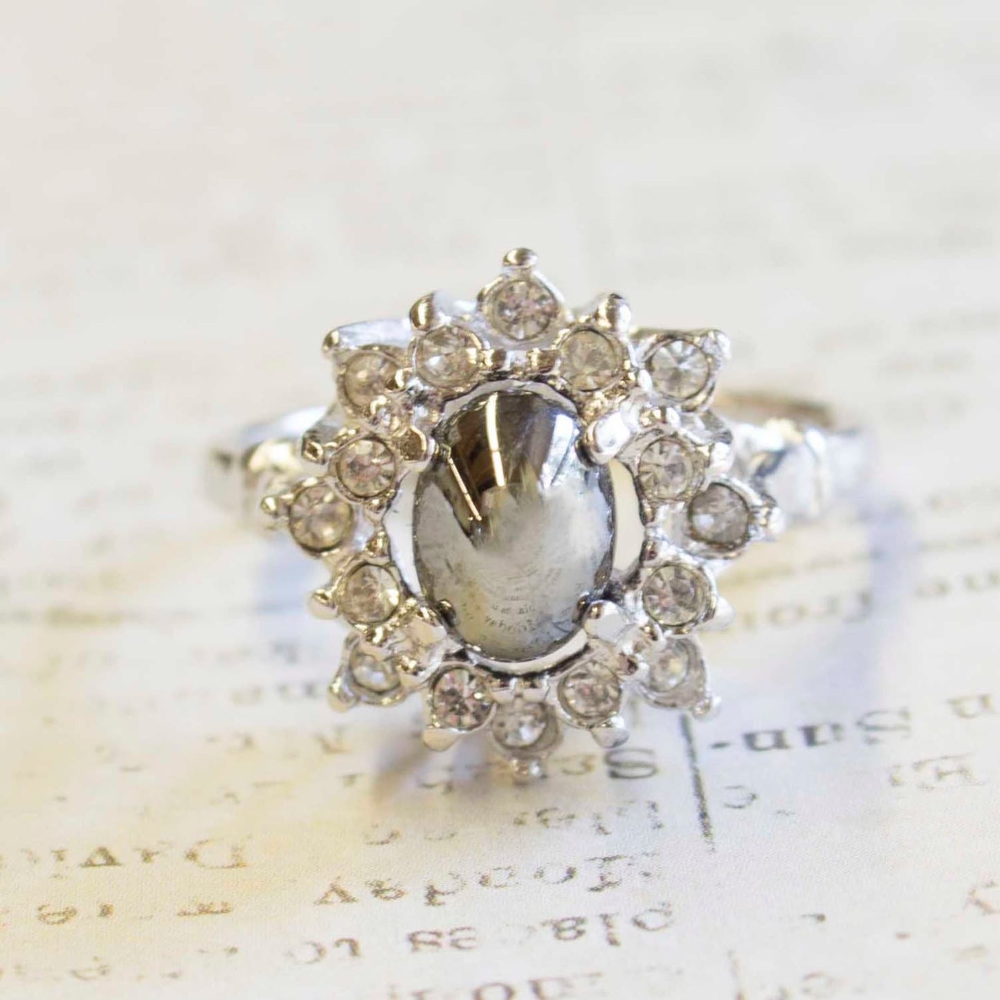 Vintage Ring Genuine Jade with Swarovski Crystals 18k White Gold Cocktail Ring Antique Womans Jewelry #R174