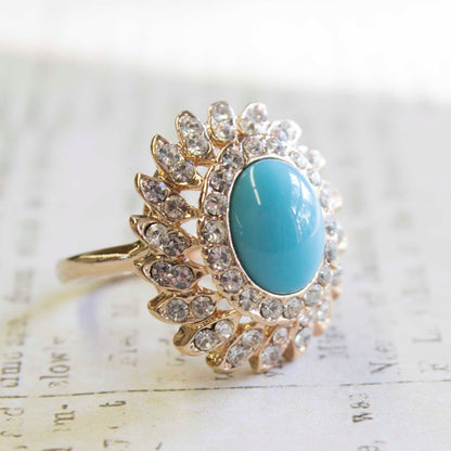 Vintage Ring Turquoise Bead with Clear Swarovski Crystals 18k Gold Ring #R106 - Limited Stock - Never Worn