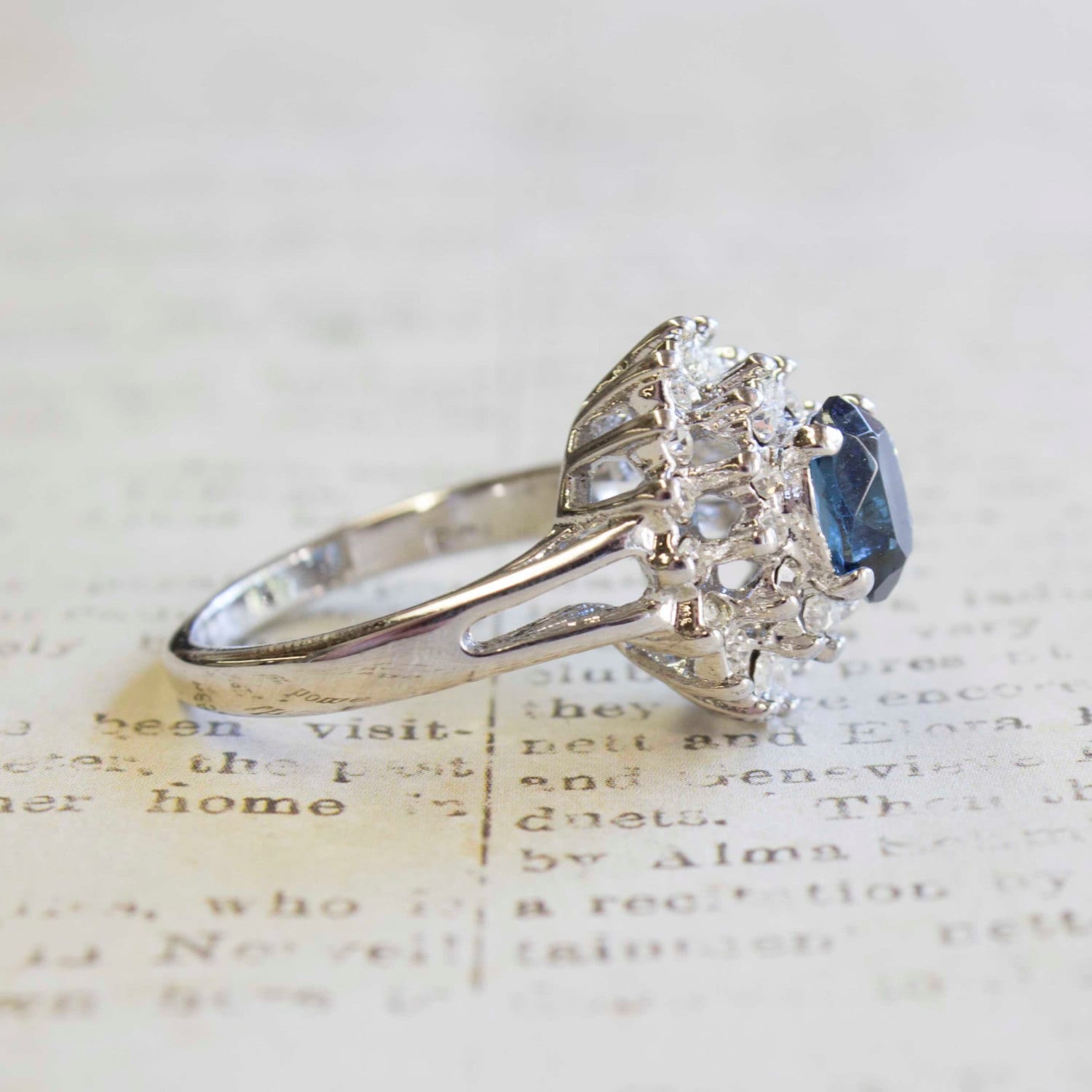 Vintage Ring 1970s Sapphire and Clear Swarovski Crystals 18k and White Gold Silver Ring #R1352 - Limited Stock - Never Worn