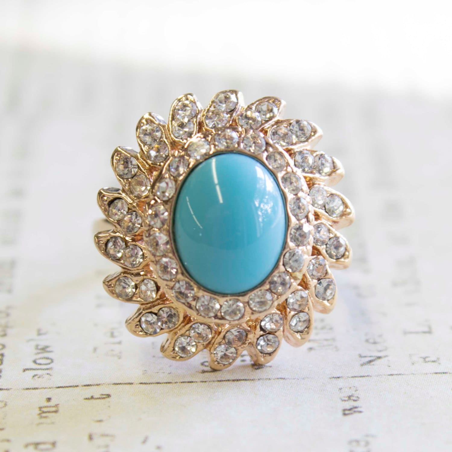 Vintage Ring Turquoise Bead with Clear Swarovski Crystals 18k Gold Ring #R106 - Limited Stock - Never Worn