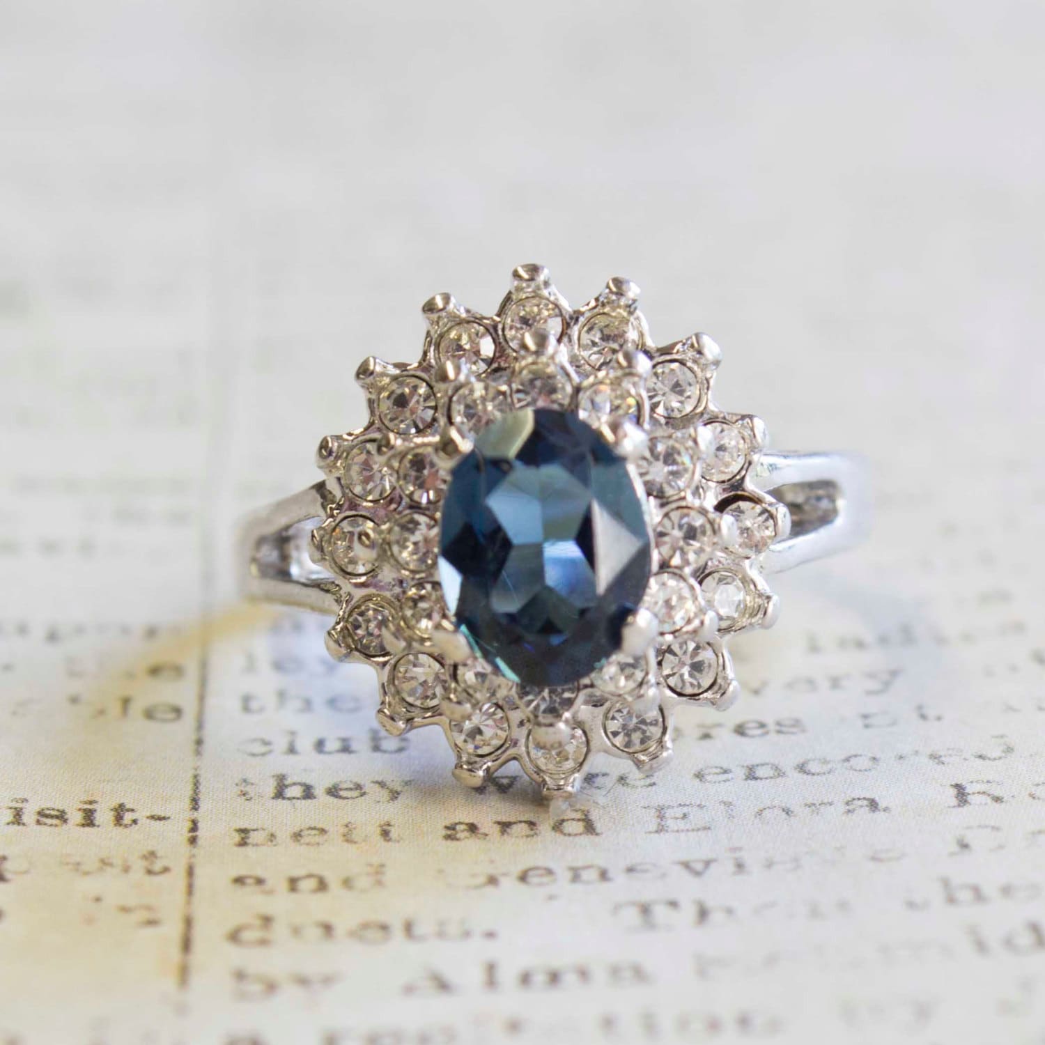 Vintage Ring 1970s Sapphire and Clear Swarovski Crystals 18k and White Gold Silver Ring #R1352 - Limited Stock - Never Worn