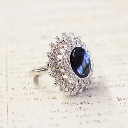 Vintage Ring Genuine Onyx Ring Clear Swarovski Crystals 18k White Gold Victorian Style Antique Womans #R106 - Limited Stock - Never Worn