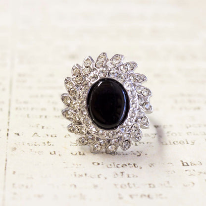 Vintage Ring Genuine Onyx Ring Clear Swarovski Crystals 18k White Gold Victorian Style Antique Womans #R106 - Limited Stock - Never Worn