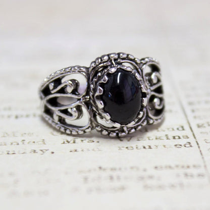 Vintage Ring Onyx Filigree Style Antique 18k White Gold Silver Ring Edwardian Style #R142 - Limited Stock - Never Worn