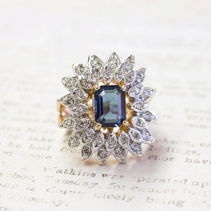 Vintage Ring 1970's Sapphire and Clear Swarovski Crystals 18k Gold Antique Jewelry for Women #R1968 - Limited Stock - Never Worn