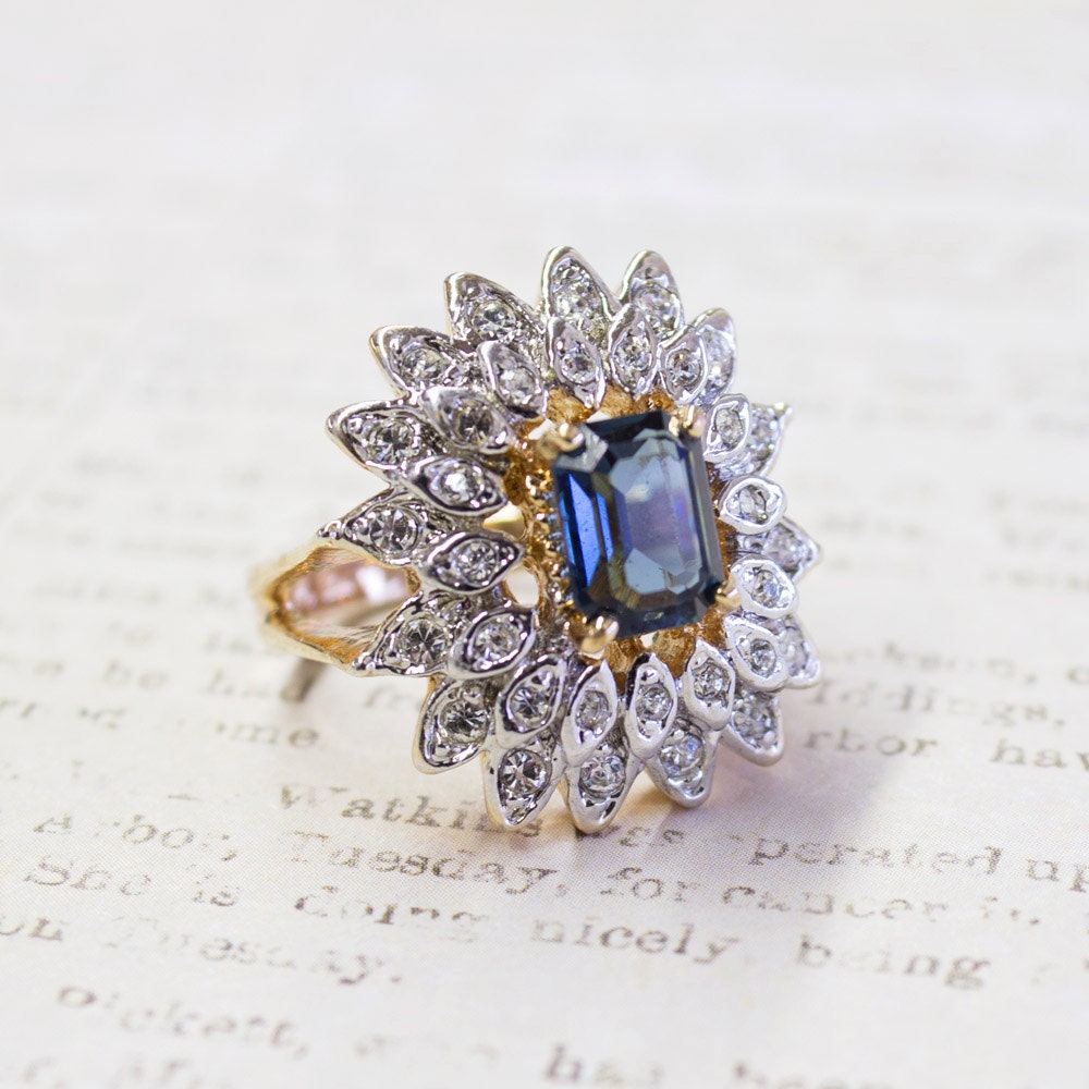 Vintage Ring 1970's Sapphire and Clear Swarovski Crystals 18k Gold Antique Jewelry for Women #R1968 - Limited Stock - Never Worn