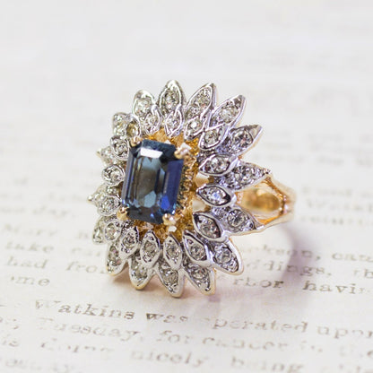 Vintage Ring 1970's Sapphire and Clear Swarovski Crystals 18k Gold Antique Jewelry for Women #R1968 - Limited Stock - Never Worn