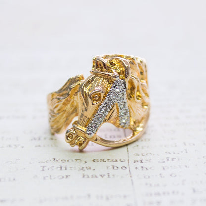 Vintage Ring 1970s Horse Head Ring with Austrian Crystals 18k Gold Handmade Womans Mens Jewlery Equestrian Size: 10