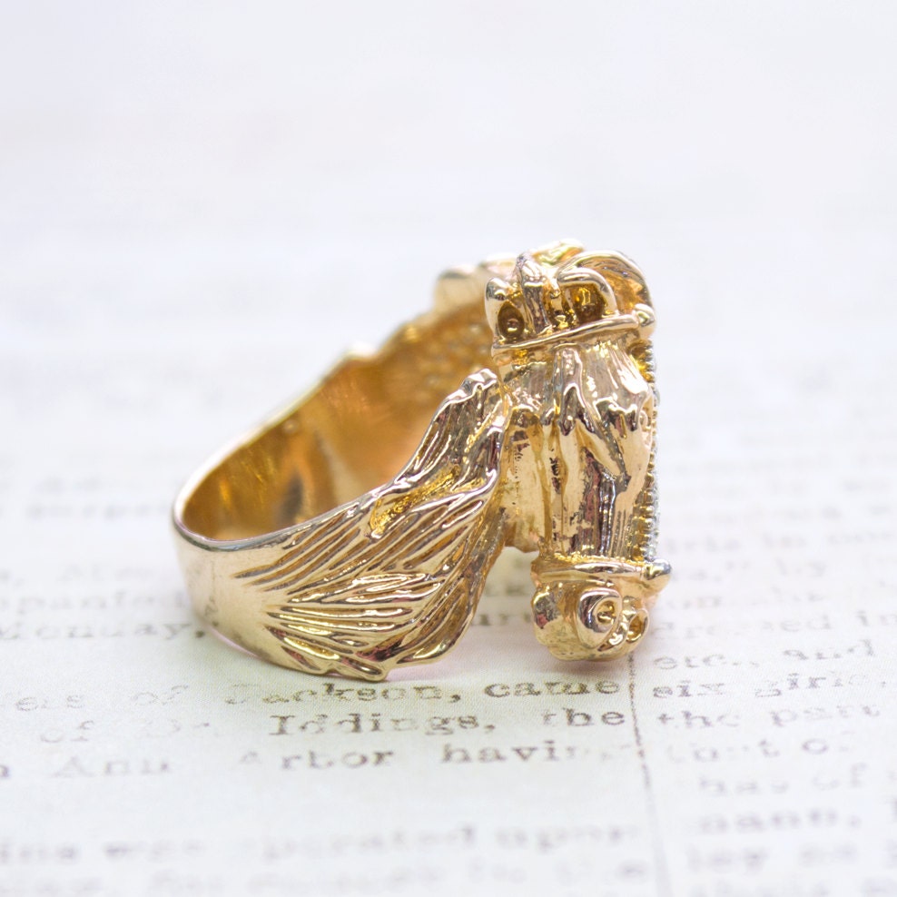 Vintage Ring 1970s Horse Head Ring with Austrian Crystals 18k Gold Handmade Womans Mens Jewlery Equestrian  Limited Stock- Never Worn