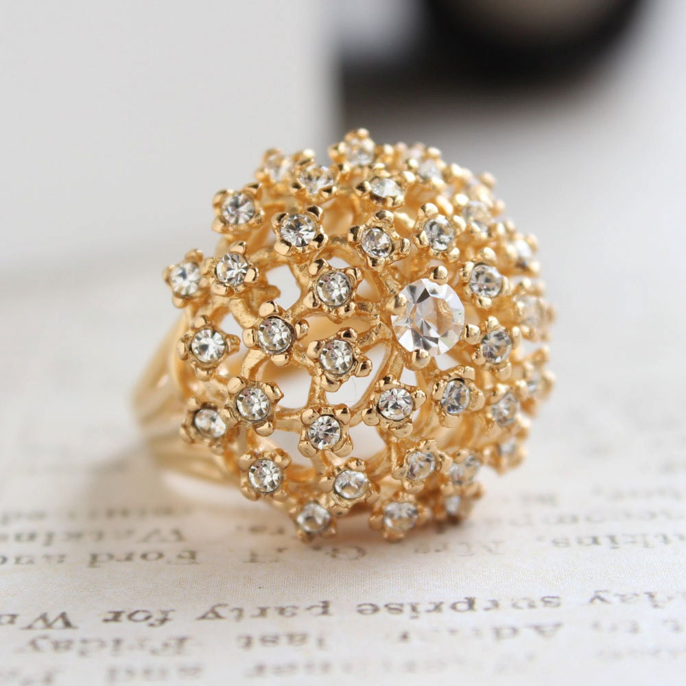 Vintage Ring Cocktail Cluster Ring Clear Swarovski Crystals 18k Gold  #R195 - Limited Stock - Never Worn