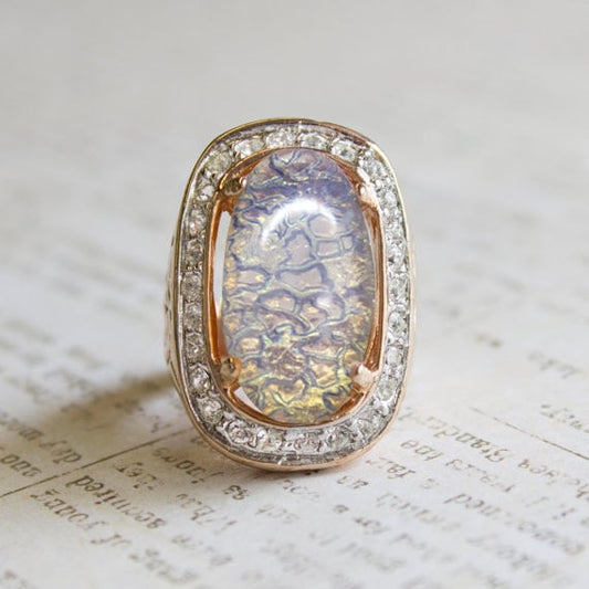 Vintage Ring Antique Rings Large Opal and Clear Austrian Crystals 18kt Gold Cocktail Opals Ring Jewelry Womans #R527