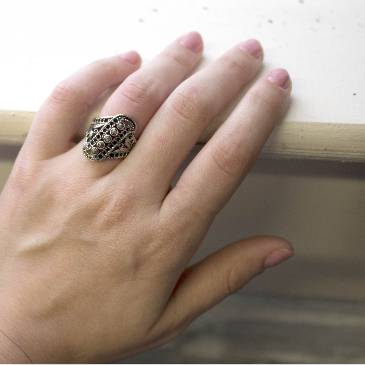 Vintage Genuine Marcasite Filigree Ring - Antique 18k White Gold Electgroplated - Made in USA