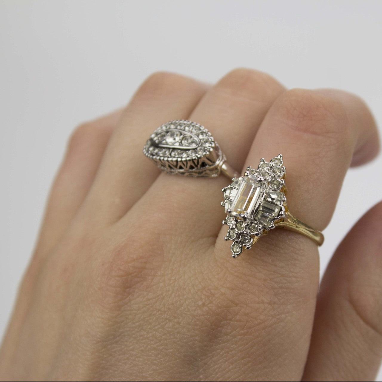 Vintage Clear Cubic Zirconia and Clear Crystal Cocktail Ring Plated in Yellow Gold Tone Made in the USA