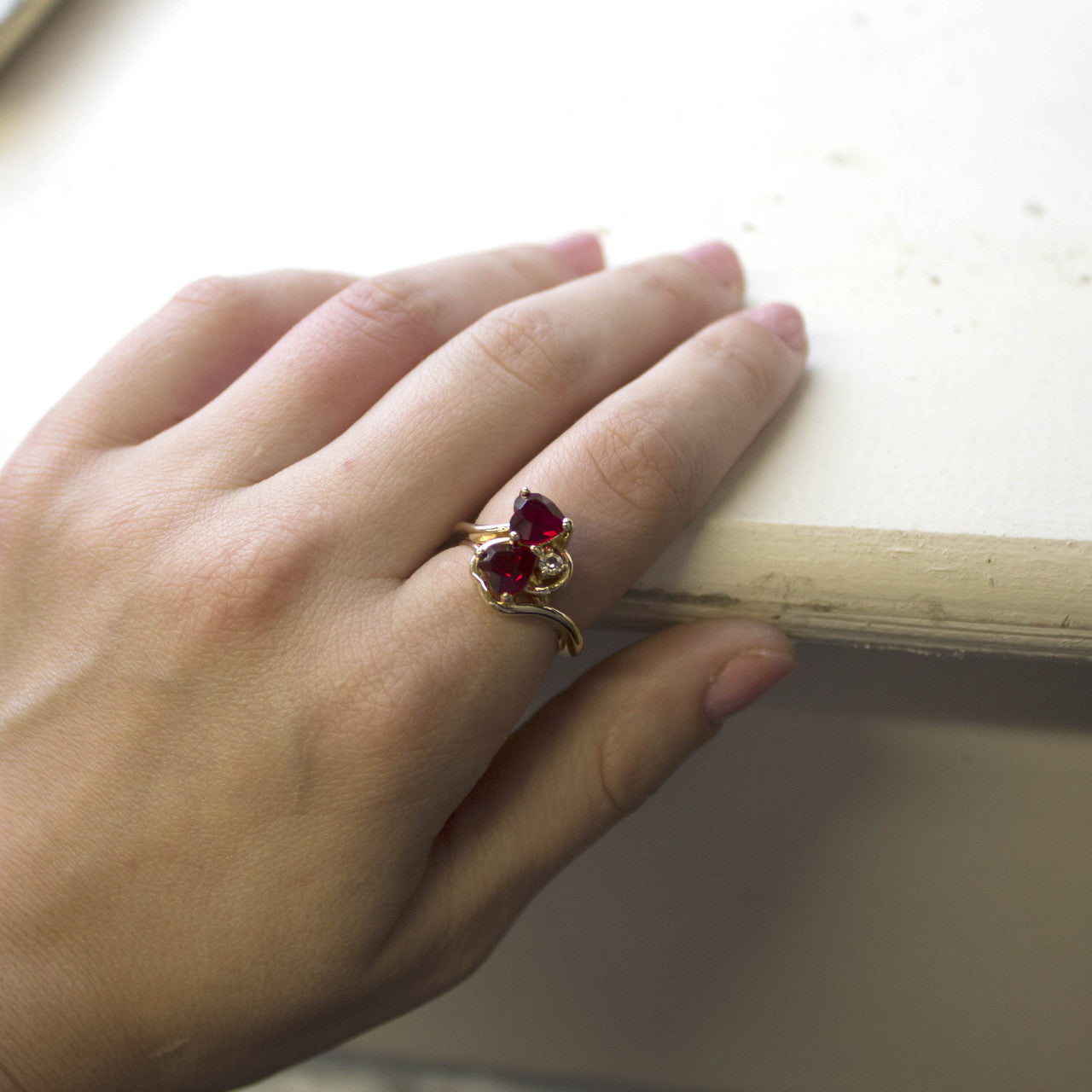Vintage Ring Ruby Swarovski Crystal Double Heart Ring 18k Gold Antique Womans Handmade Jewelry R2342