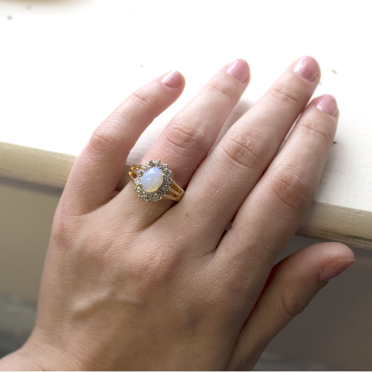 Vintage Pinfire Opal Ring - Clear Austrian Crystals - 18k Yellow Gold Electroplated - October Birthstone - Made in the USA