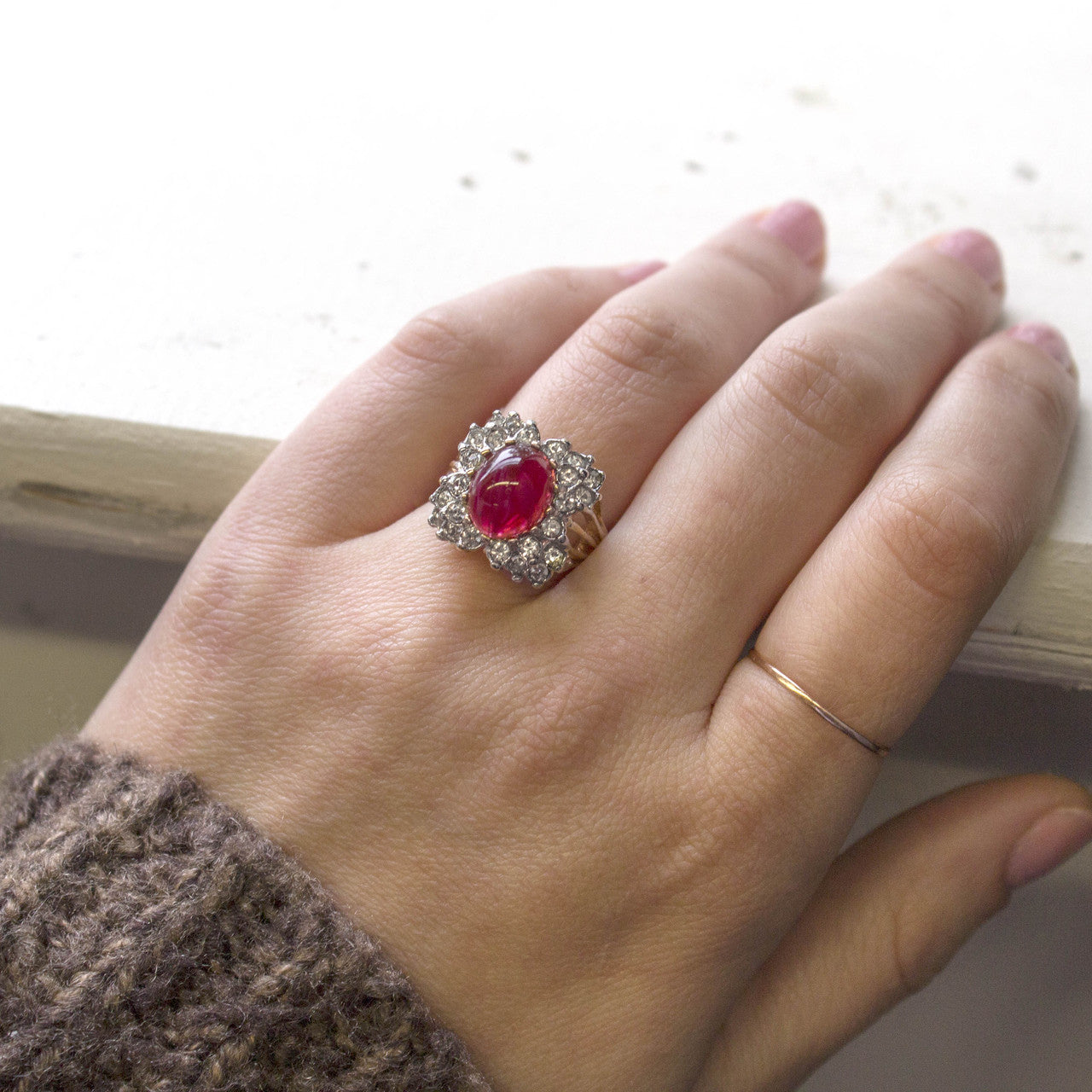 Vintage Ruby Cabochon Crystal Cocktail Ring -  Clear Austrian Crystals- 18kt Yellow Gold Electroplated - July Birthstone - Made in the USA