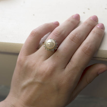 Vintage Pearl Ring - Clear Austrian Crystals - 18kt Yellow Gold Electroplated - June Birthstone - Made in the USA