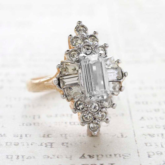 Vintage Clear Cubic Zirconia and Clear Crystal Cocktail Ring Plated in Yellow Gold Tone Made in the USA