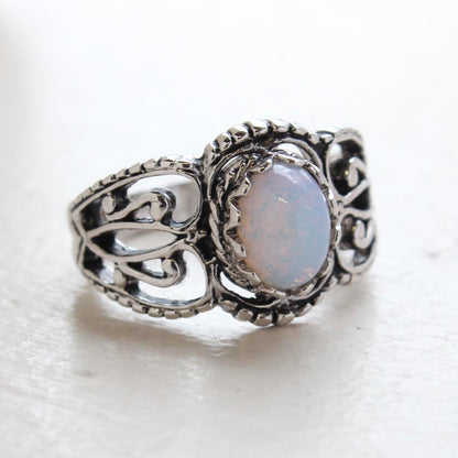 Vintage Pinfire Opal Ring - Antique 18kt White Gold Electroplating - October Birthstone - Made in the USA
