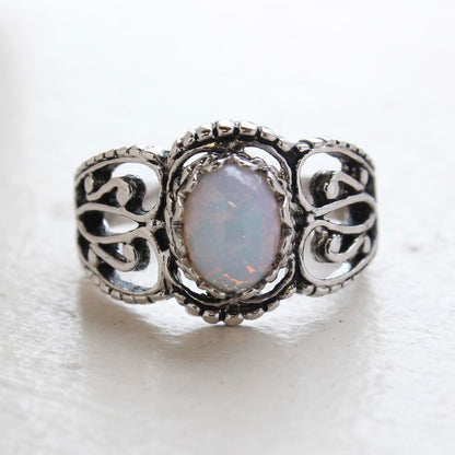 Vintage Pinfire Opal Ring - Antique 18kt White Gold Electroplating - October Birthstone - Made in the USA