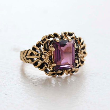 Vintage Ring Emerald Cut Amethyst Cz 18kt Antiqued Yellow Gold Plated Filligre Ring Made in the USA February Birthstone