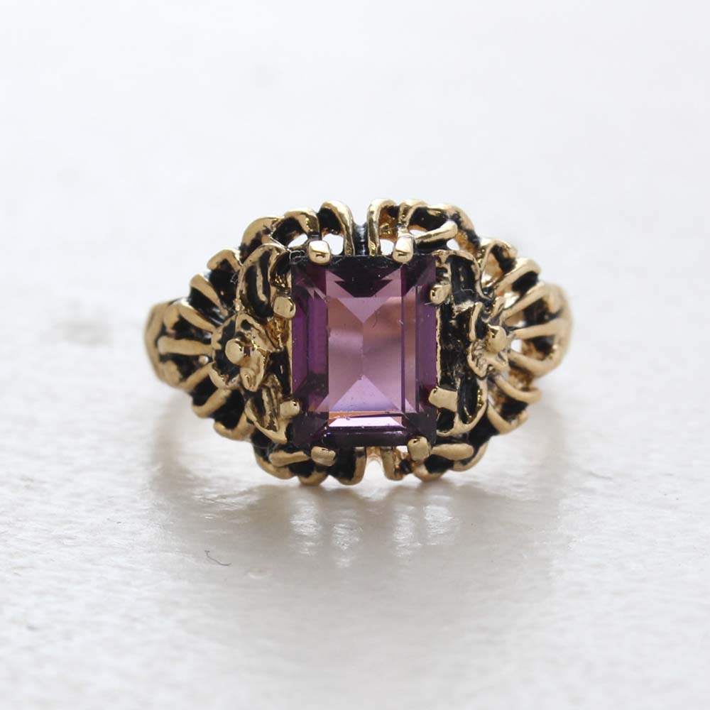 Vintage Ring Emerald Cut Amethyst Cz 18kt Antiqued Yellow Gold Plated Filligre Ring Made in the USA February Birthstone