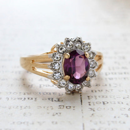 Vintage Amethyst Austrian Crystal Ring - Clear Austrian Crystals - 18k Yellow Gold Electroplated - February Birthstone - Made in USA