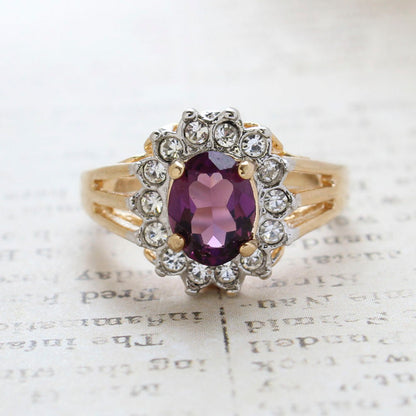 Vintage Amethyst Austrian Crystal Ring - Clear Austrian Crystals - 18k Yellow Gold Electroplated - February Birthstone - Made in USA