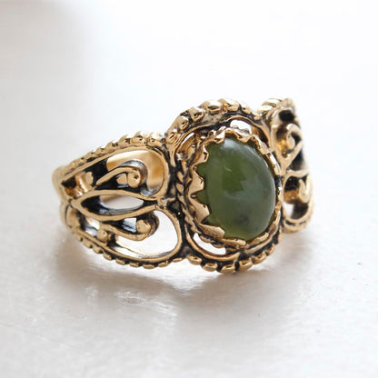 Vintage Genuine Jade Ring -  Antiqued 18kt Yellow Gold Antiqued Electroplated - Made in the USA