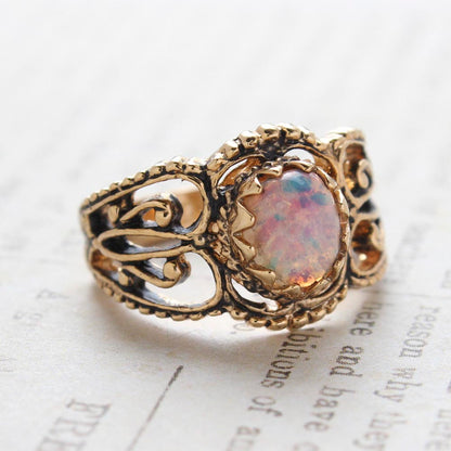 Vintage Harlequin Opal Ring - Antique 18kt Yellow Gold Electroplating - Made in the USA