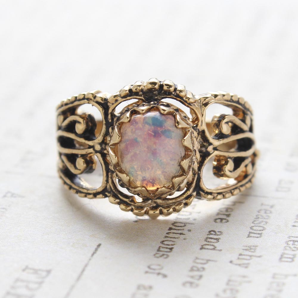 Vintage Harlequin Opal Ring - Antique 18kt Yellow Gold Electroplating - Made in the USA