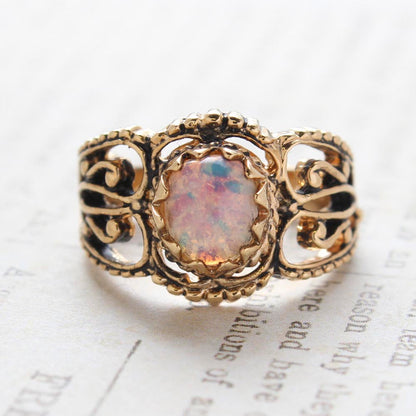 Vintage Harlequin Opal Ring - Antique 18kt Yellow Gold Electroplating - Made in the USA