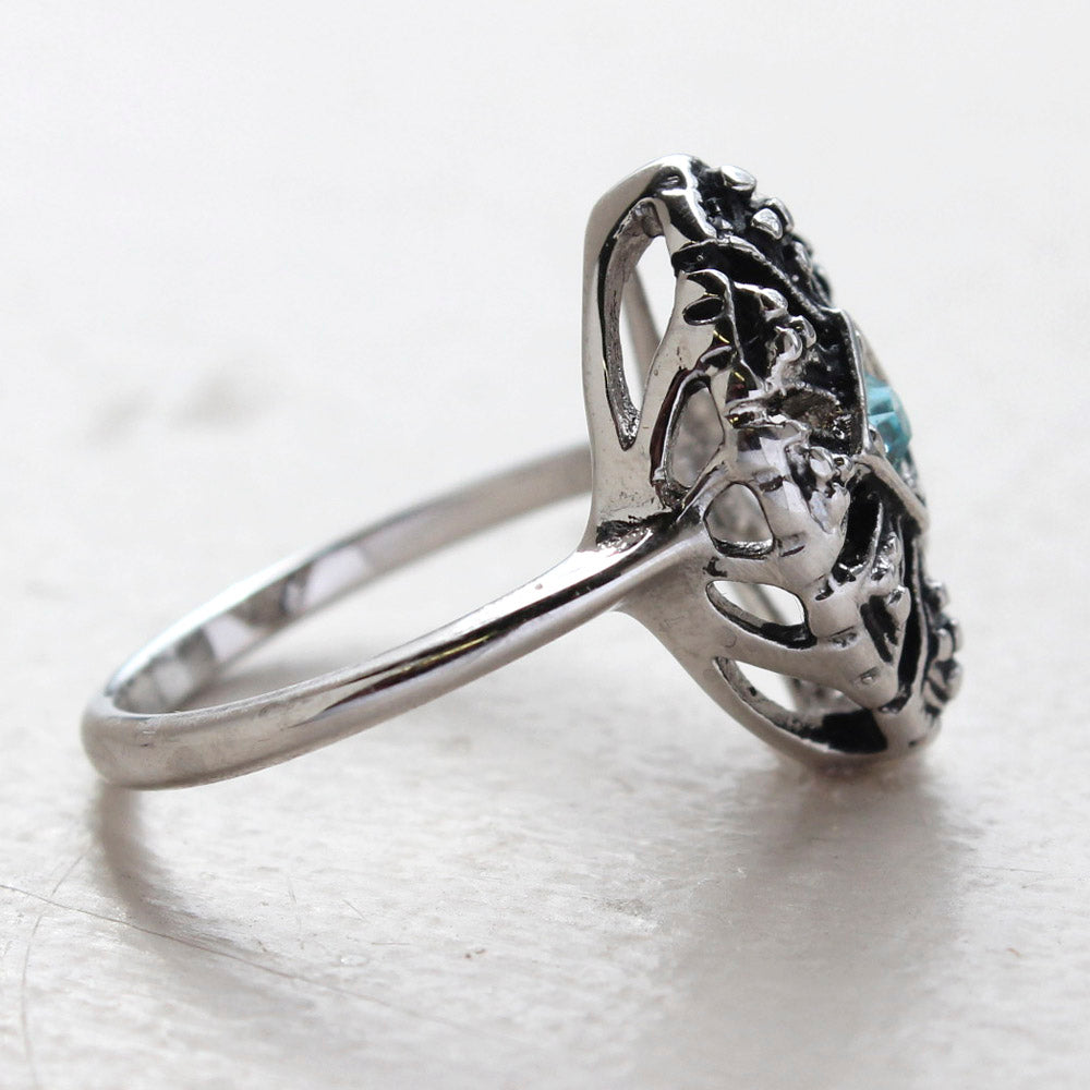 Vintage Aquamarine Austrian Crystal Cocktail Ring - Antiqued 18k White Gold Electroplated - March Birthstone - Made in the USA