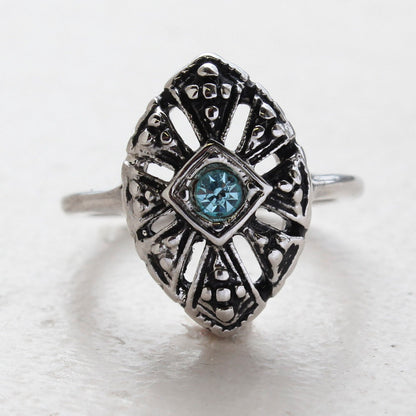 Vintage Aquamarine Austrian Crystal Cocktail Ring - Antiqued 18k White Gold Electroplated - March Birthstone - Made in the USA