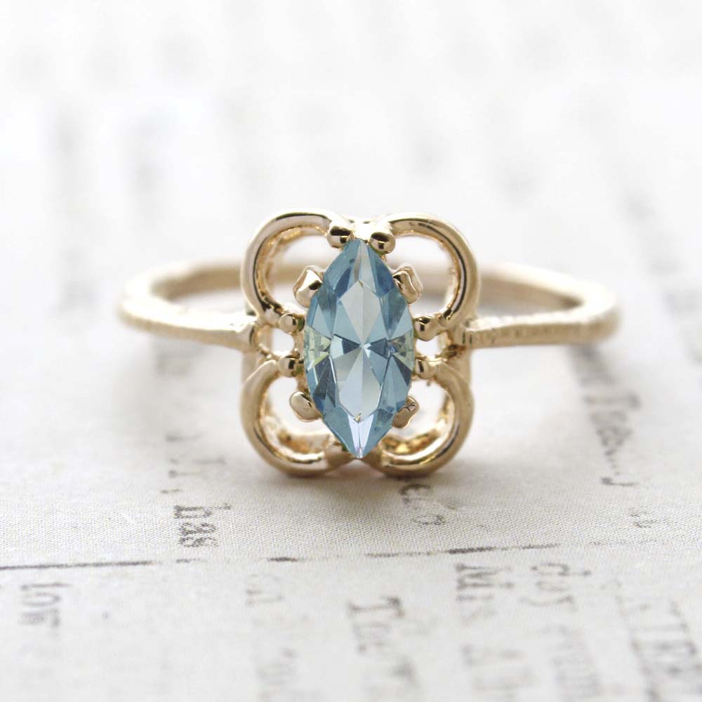 Vintage Jewelry Aquamarine Crystal Cocktail Ring Plated in 18k Gold Electroplate March Birthstone Made in the USA