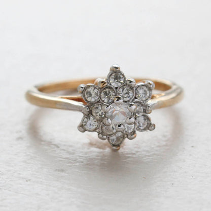 Vintage Clear Austrian Crystal Flower Motif Cocktail Ring - 18k Yellow Gold Electroplated - April Birthstone - Made in the USA