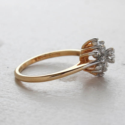 Vintage Clear Austrian Crystal Flower Motif Cocktail Ring - 18k Yellow Gold Electroplated - April Birthstone - Made in the USA