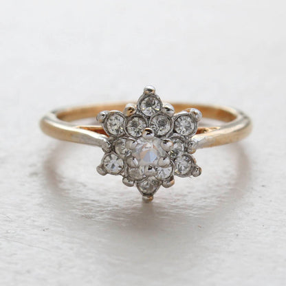 Vintage Clear Austrian Crystal Flower Motif Cocktail Ring - 18k Yellow Gold Electroplated - April Birthstone - Made in the USA
