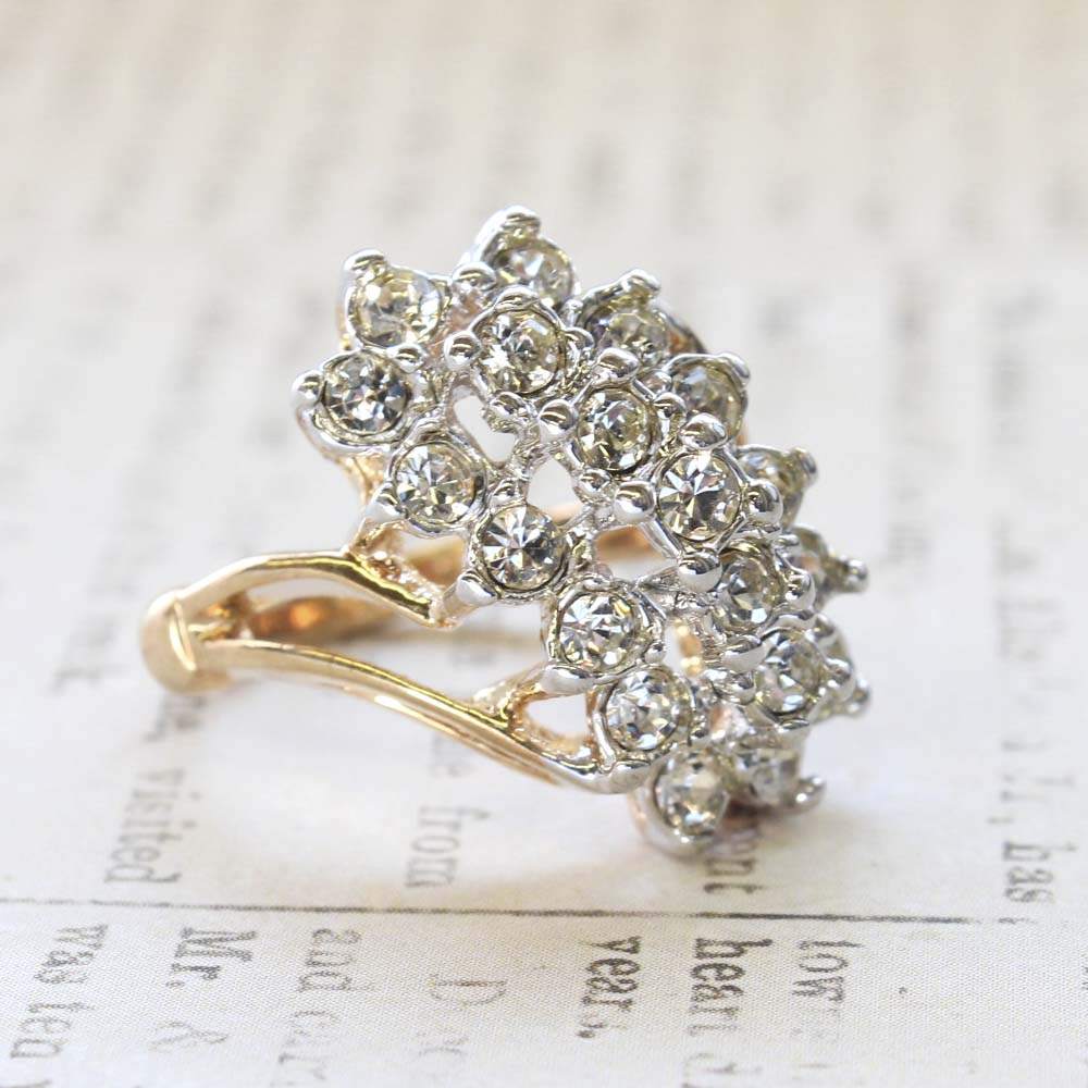 Vintage Jewelry Clear Crystal Cocktail Ring Electroplated with 18kt Yellow Gold Made in the USA