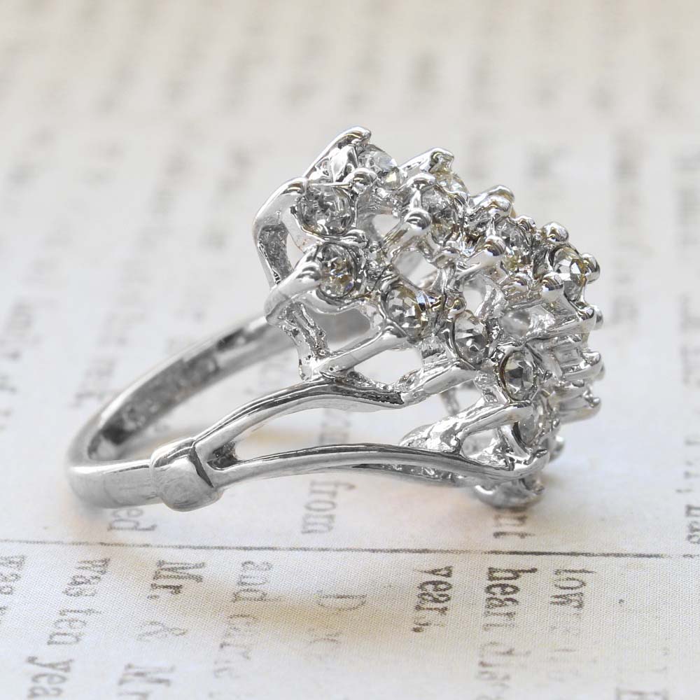 Vintage Jewelry Clear Crystal Cocktail Ring Electroplated with 18kt White Gold Made in the USA