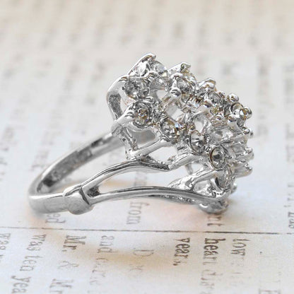 Vintage Jewelry Clear Crystal Cocktail Ring Electroplated with 18kt White Gold Made in the USA