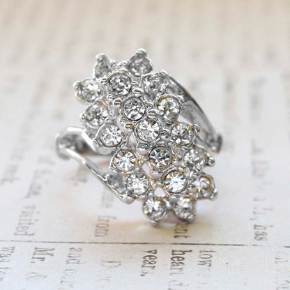 Vintage Jewelry Clear Crystal Cocktail Ring Electroplated with 18kt White Gold Made in the USA